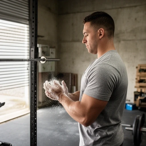 A coach chalking his hands beside a squat rack