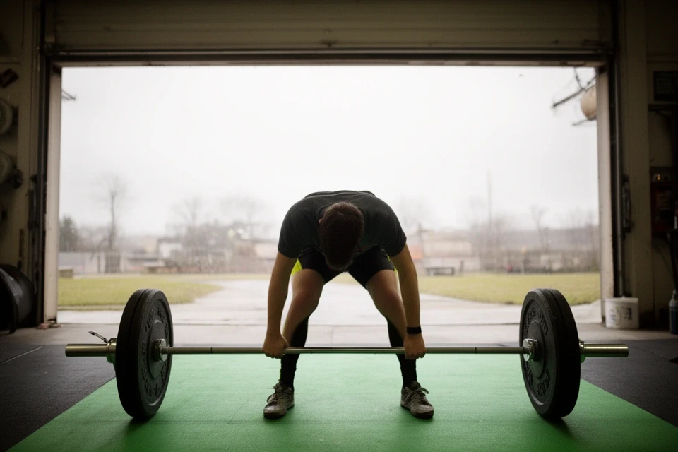 A member setting up for a deadlift, seen from the side