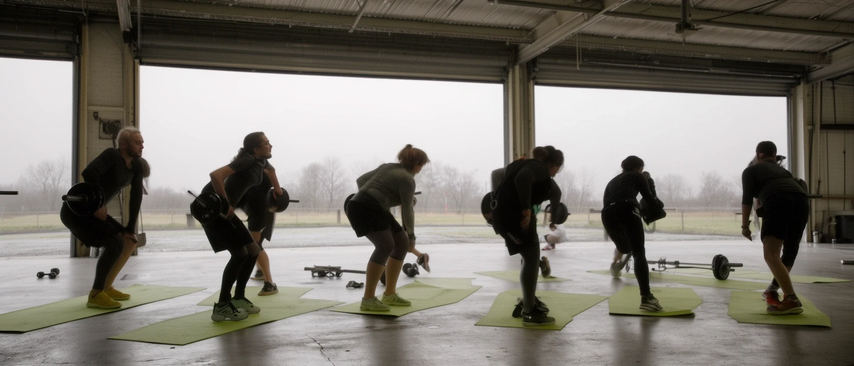 Six adults doing a hip hinge warm-up with light barbells