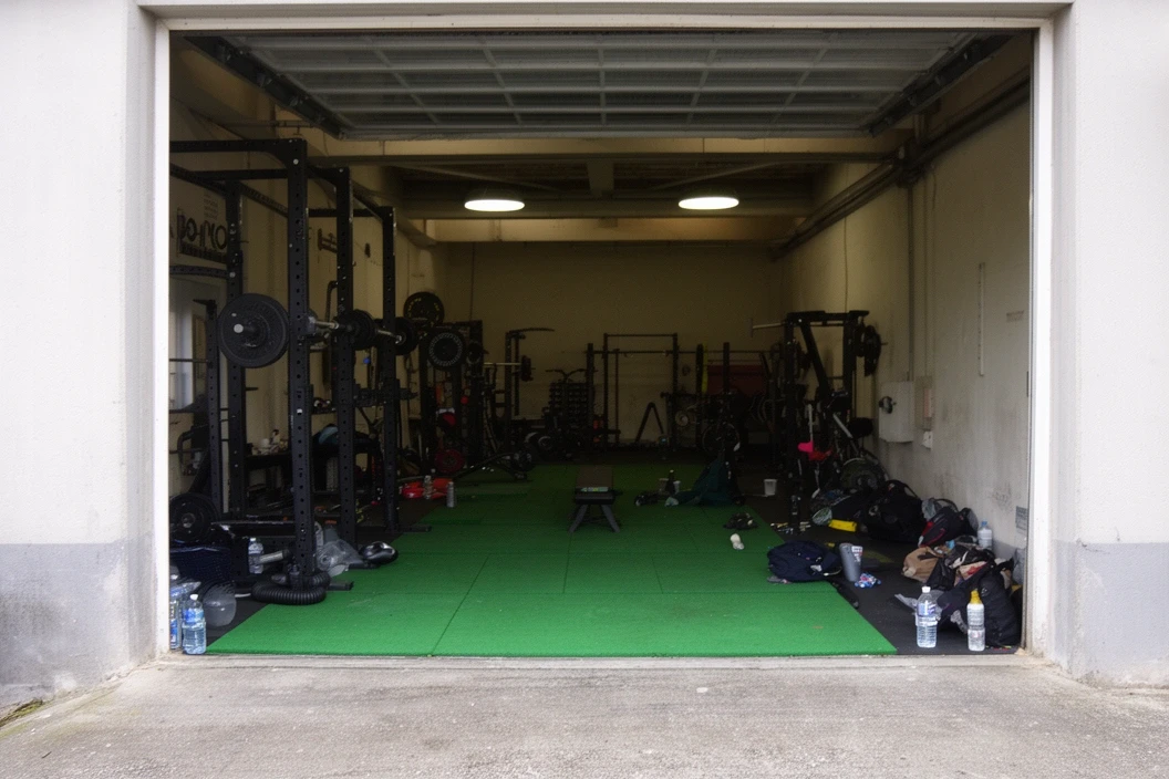 The hall seen from its entrance, racks and green mats ahead