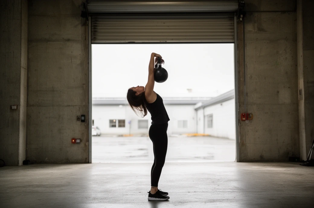 A woman at the top of a kettlebell swing