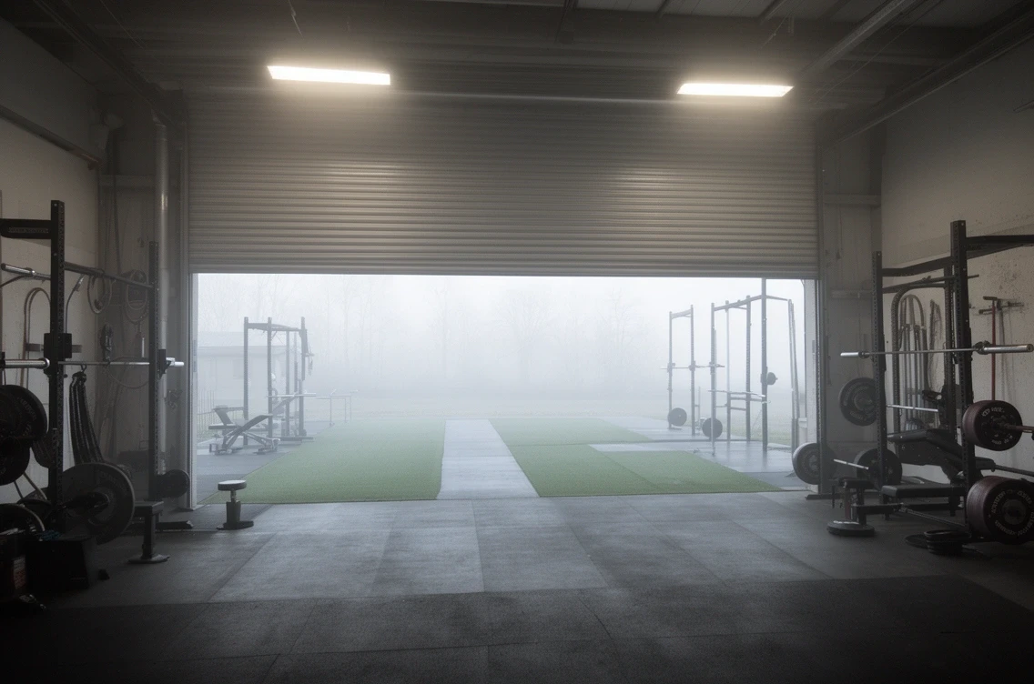 The hall in grey morning light with roller doors half open