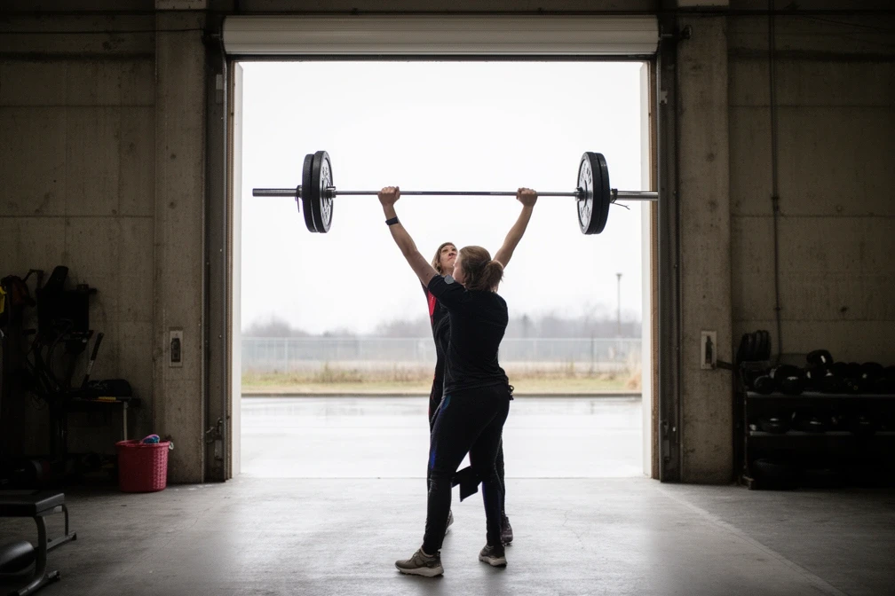 A coach spotting a member at a light overhead press