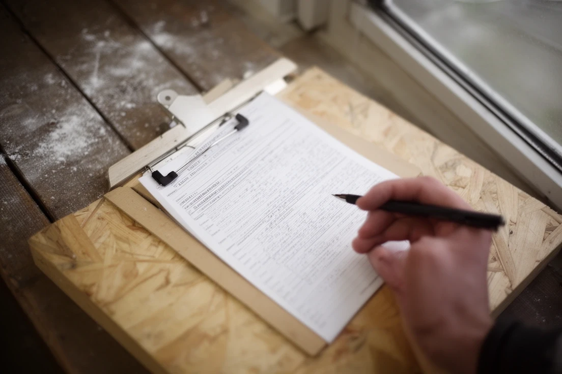 A hand holding a pen over a written plan on a clipboard