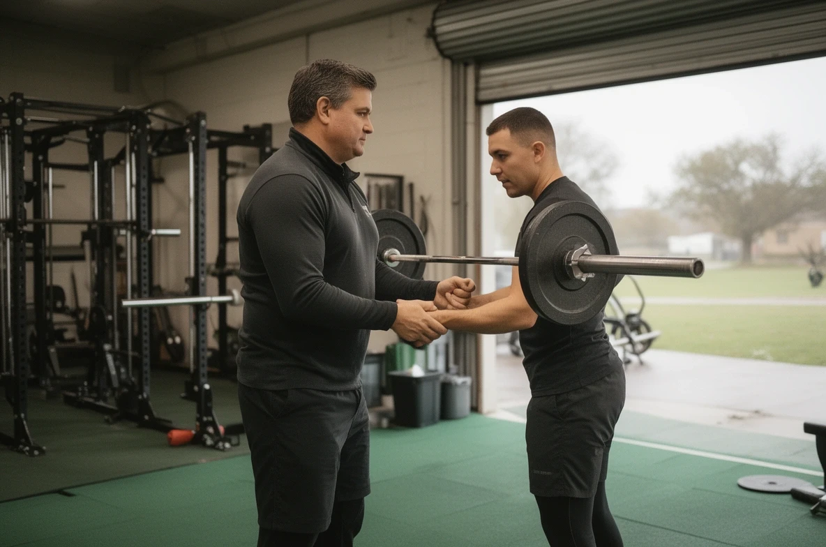 A coach showing a new member how to grip the barbell
