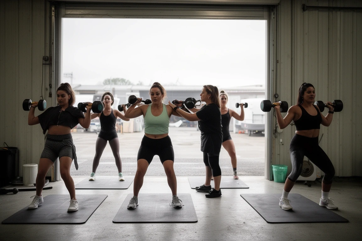 Women in a kettlebell group while the coach corrects one stance
